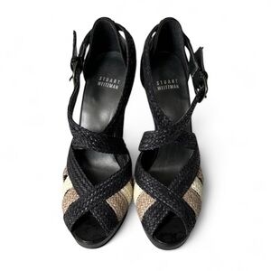 Stuart Weitzman Black Tan Bradford Woven Braided Leather Platform Heels, Sz 7.5